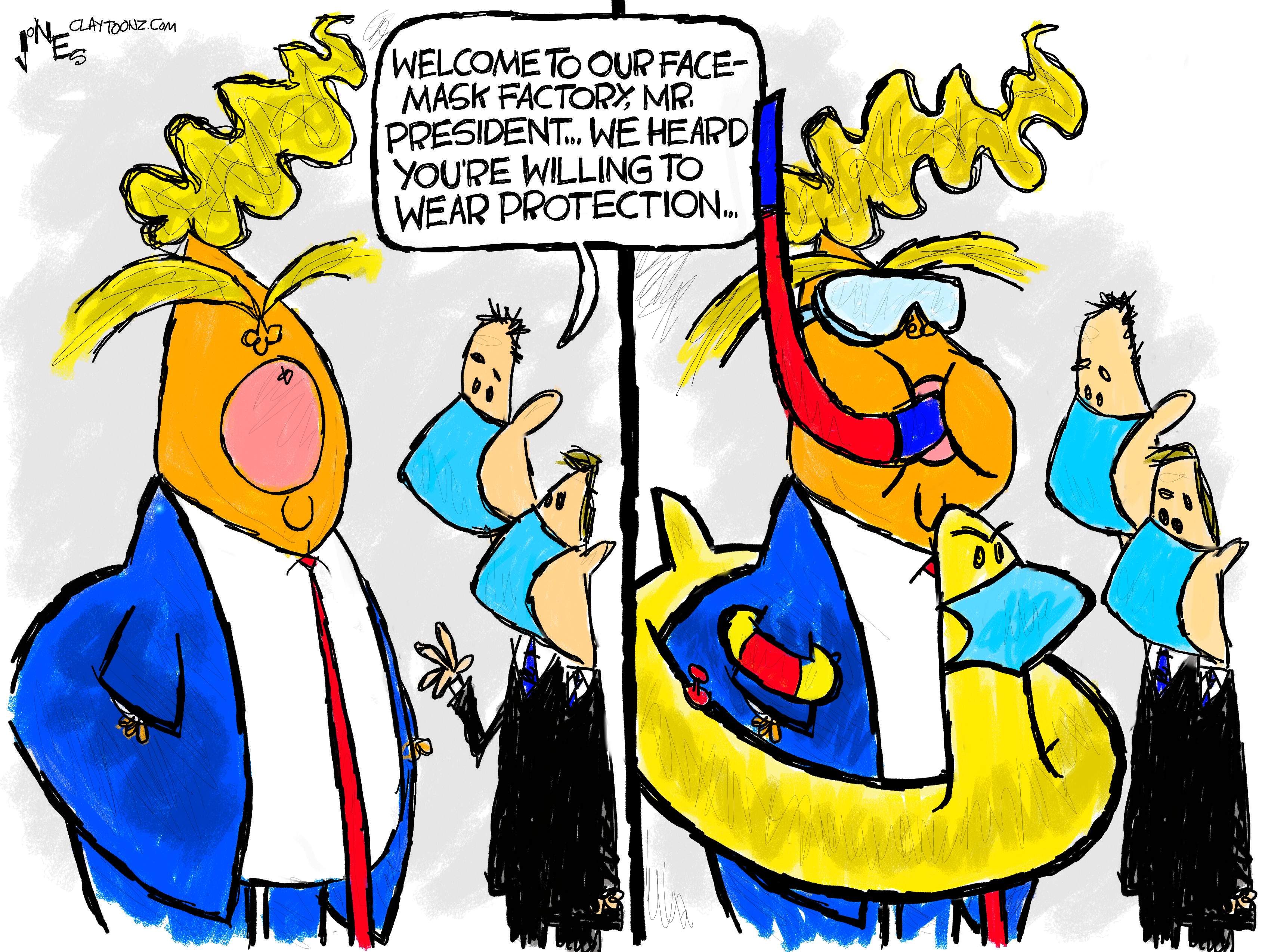 Political Cartoon U.S. Trump mask factory coronavirus