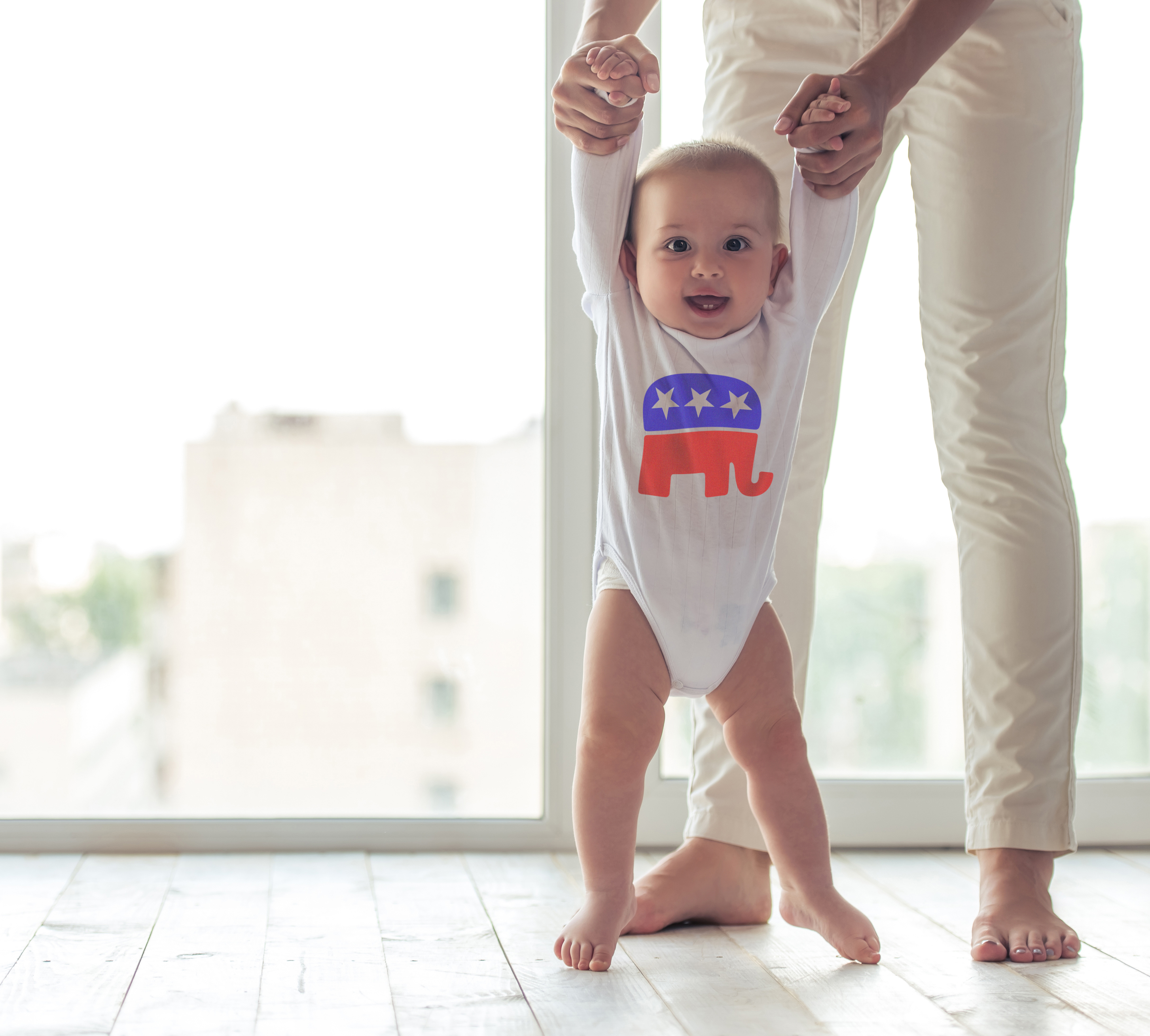 Baby in GOP shirt with mother because paid family leave will win back women