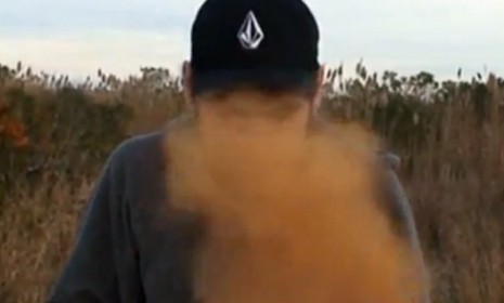 Mike Lamezec fails the Cinnamon Challenge, which involves trying to swallow a spoonful of cinnamon without water in a minute.