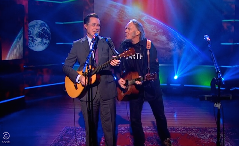 Watch Neil Young and Stephen Colbert&#039;s amusing point-counterpoint duet about saving the Earth