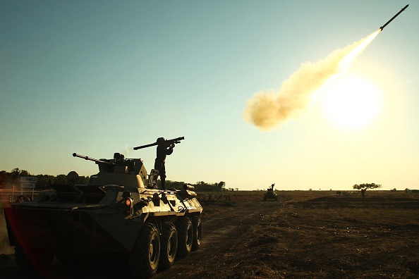 A soldier fires a rocket during the 2015 Masters of Antiaircraft Battle.