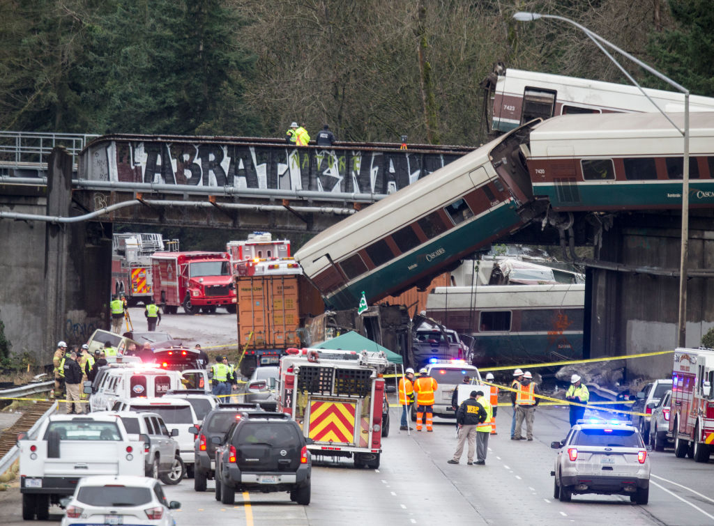 The derailed Amtrak train near Seattle.