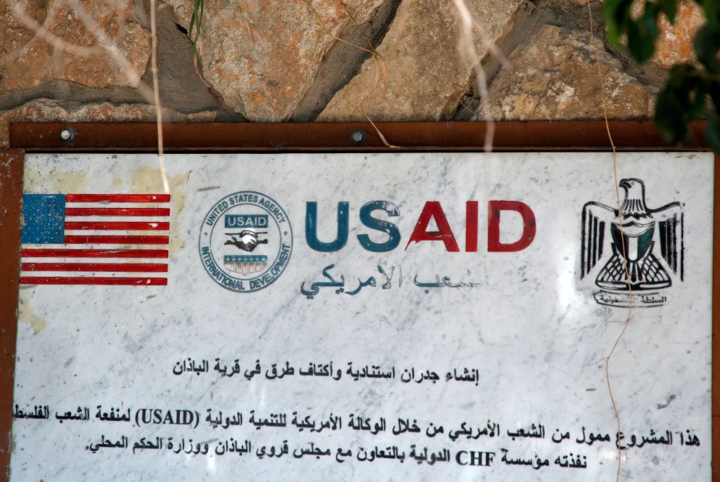 A USAID mural, to commemorate the building of supportive walls and road shoulders, is pictured in the village of al-Badhan, north of Nablus in the occupied West Bank on August 25, 2018. 