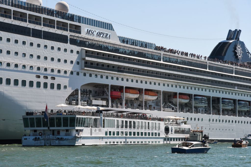 The MSC Opera after it hit a river boat and dock in Venice.