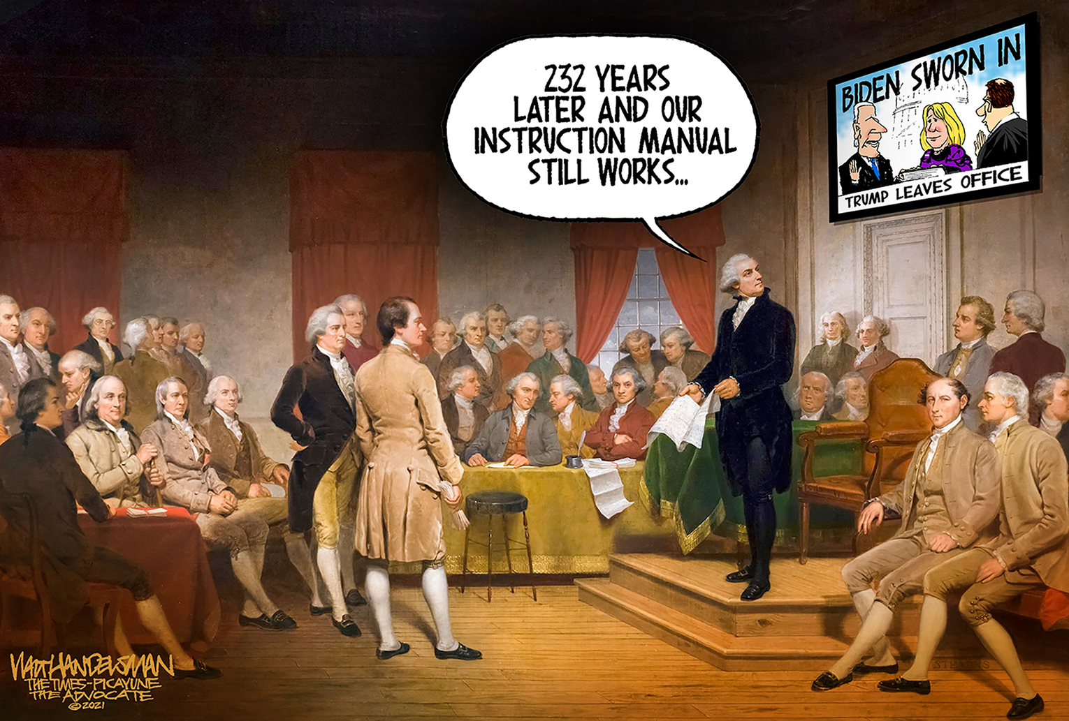 Political Cartoon U.S. founding fathers Biden