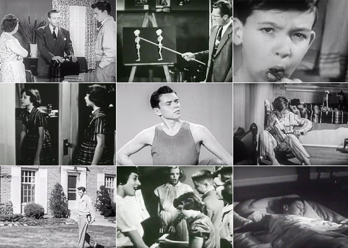 Stills from health and hygiene PSA videos from the 1940s and 1950s