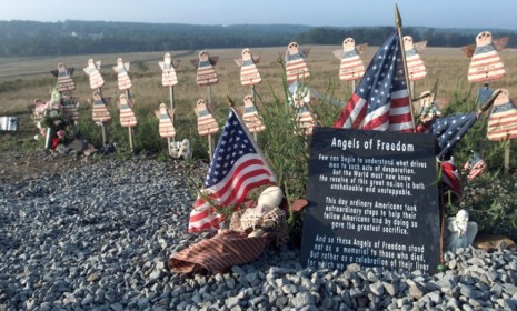A temporary memorial for the 40 people killed when United Flight 93 crashed in a Pennsylvania field on Sept. 11, 2001: The heroics of the men and women on board prevented a potential attack o