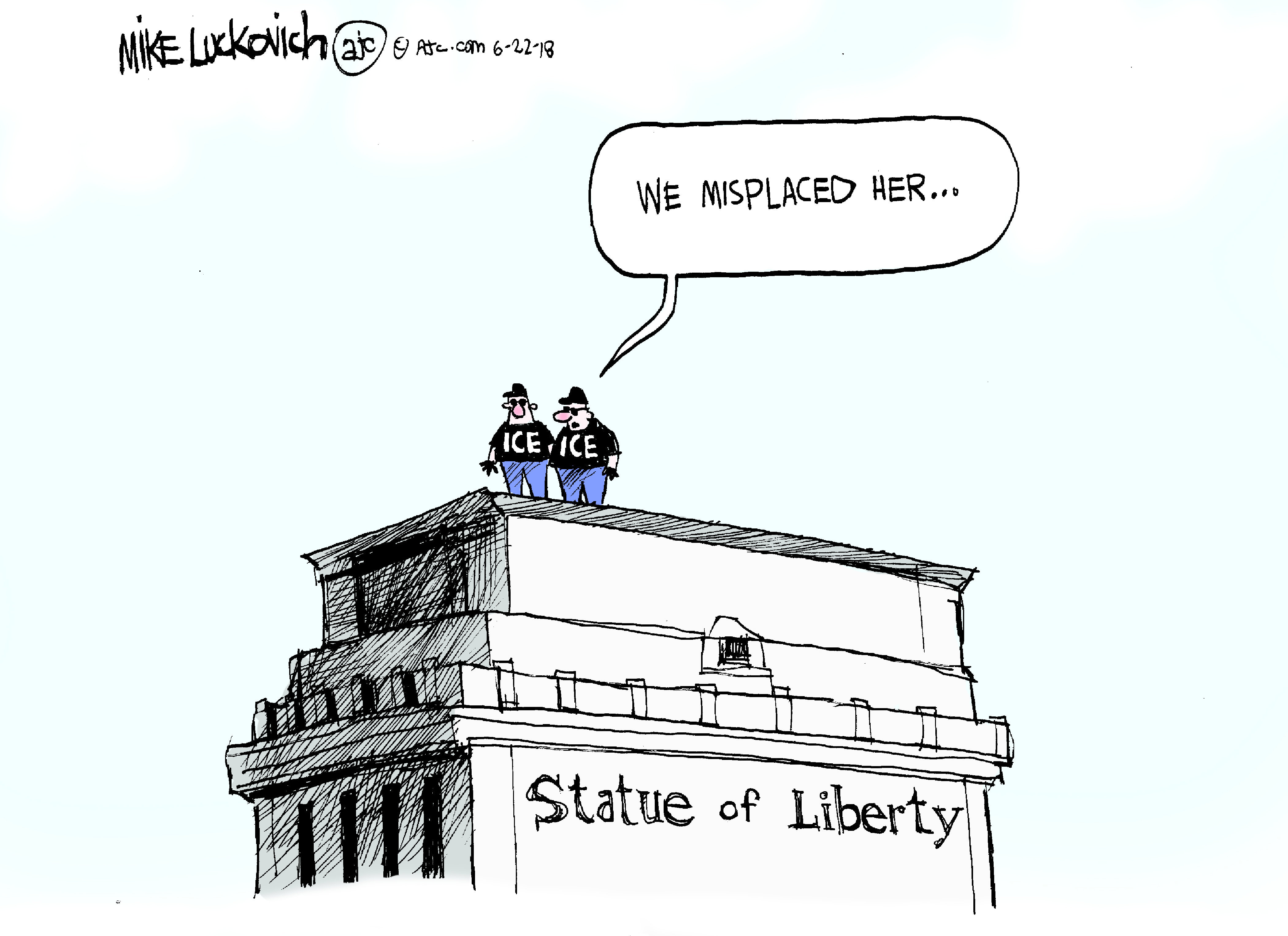 Political cartoon U.S. Statue of Liberty immigration family separation ICE