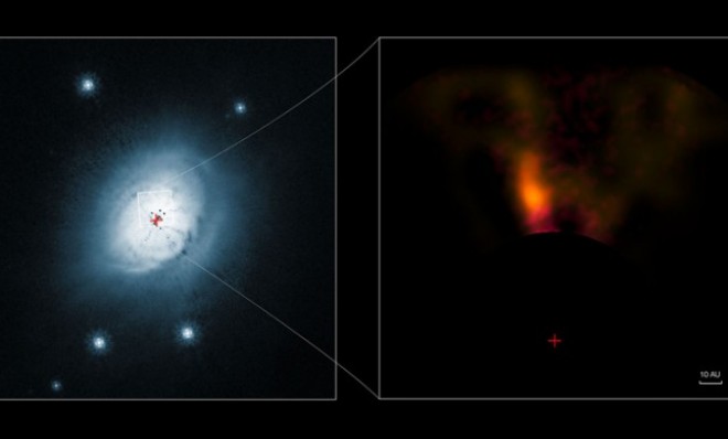 This composite shows a view from the NASA/ESA Hubble Space Telescope (left) and from the NACO system on ESO’s Very Large Telescope (right).