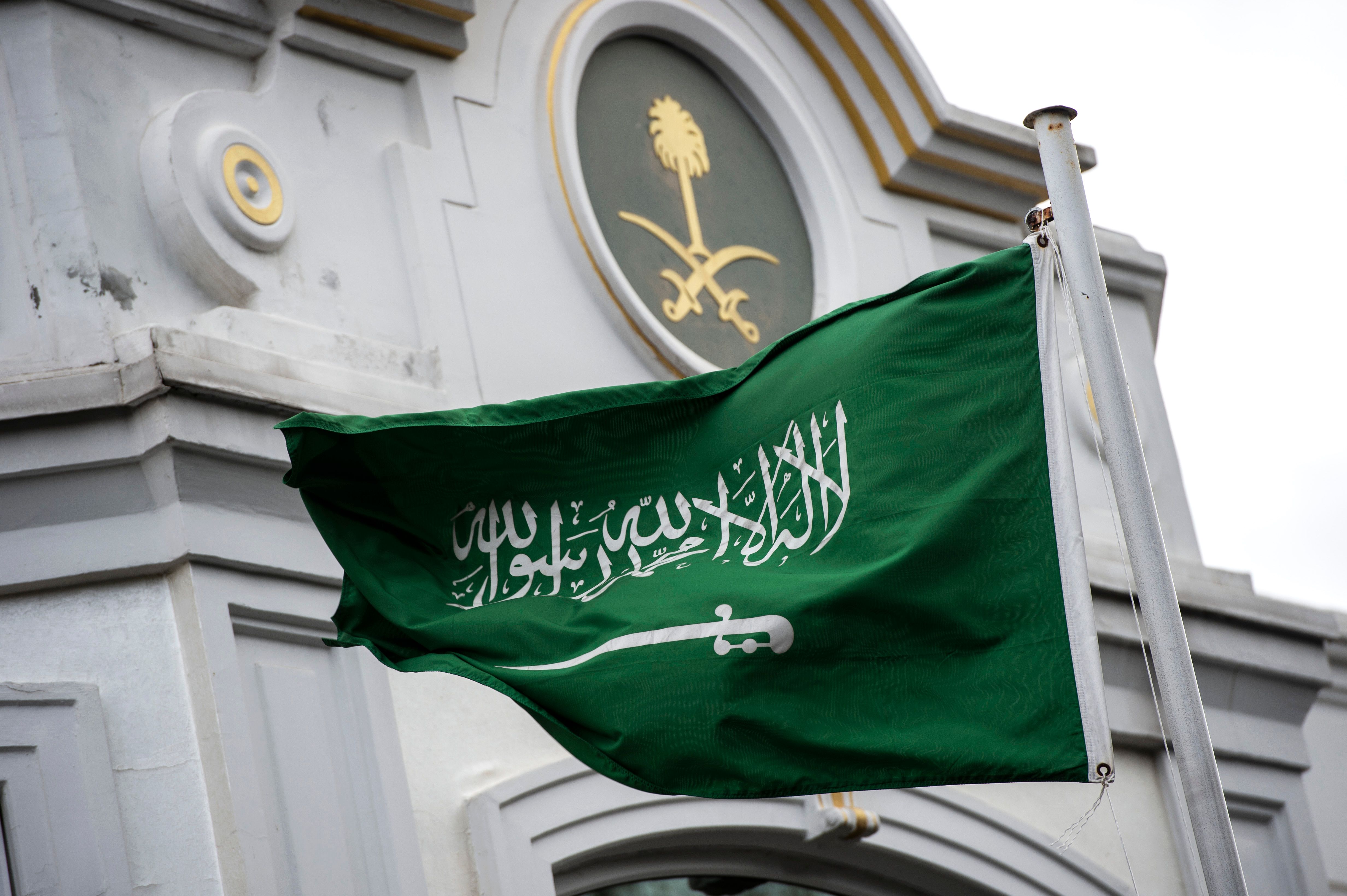 The Saudi Arabian flag in front of the Saudi consulate in Istanbul.