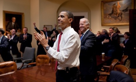 President Obama cheers the passage of health-care reform in 2010: Team Obama is gloating after Republican Mitt Romney won the Iowa caucuses with less than 25 percent of the vote, the lowest w