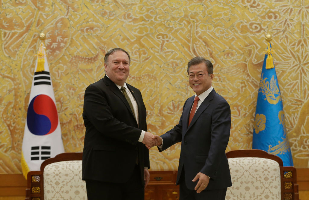 Secretary of State Mike Pompeo shakes hands with South Korean President Moon Jae-in 