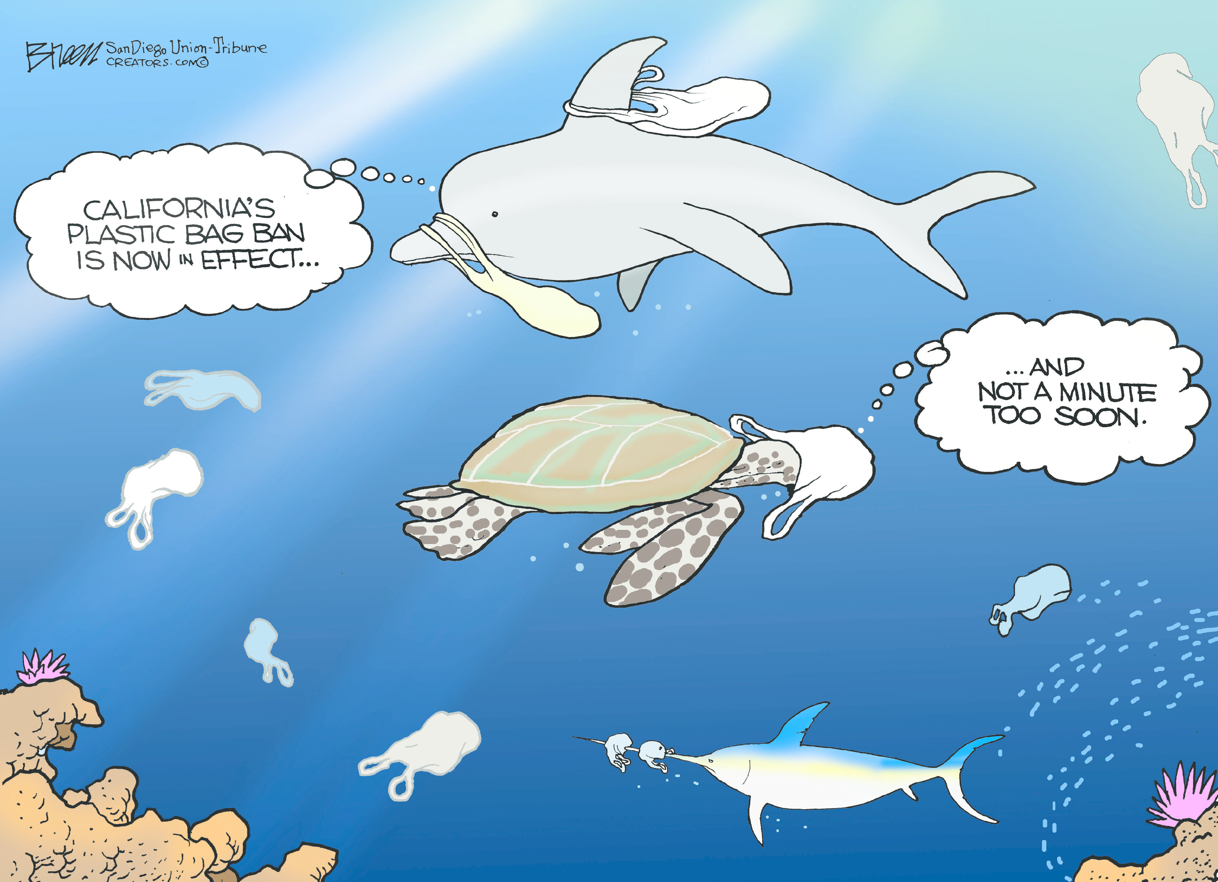 Editorial cartoon . California plastic bag ban
