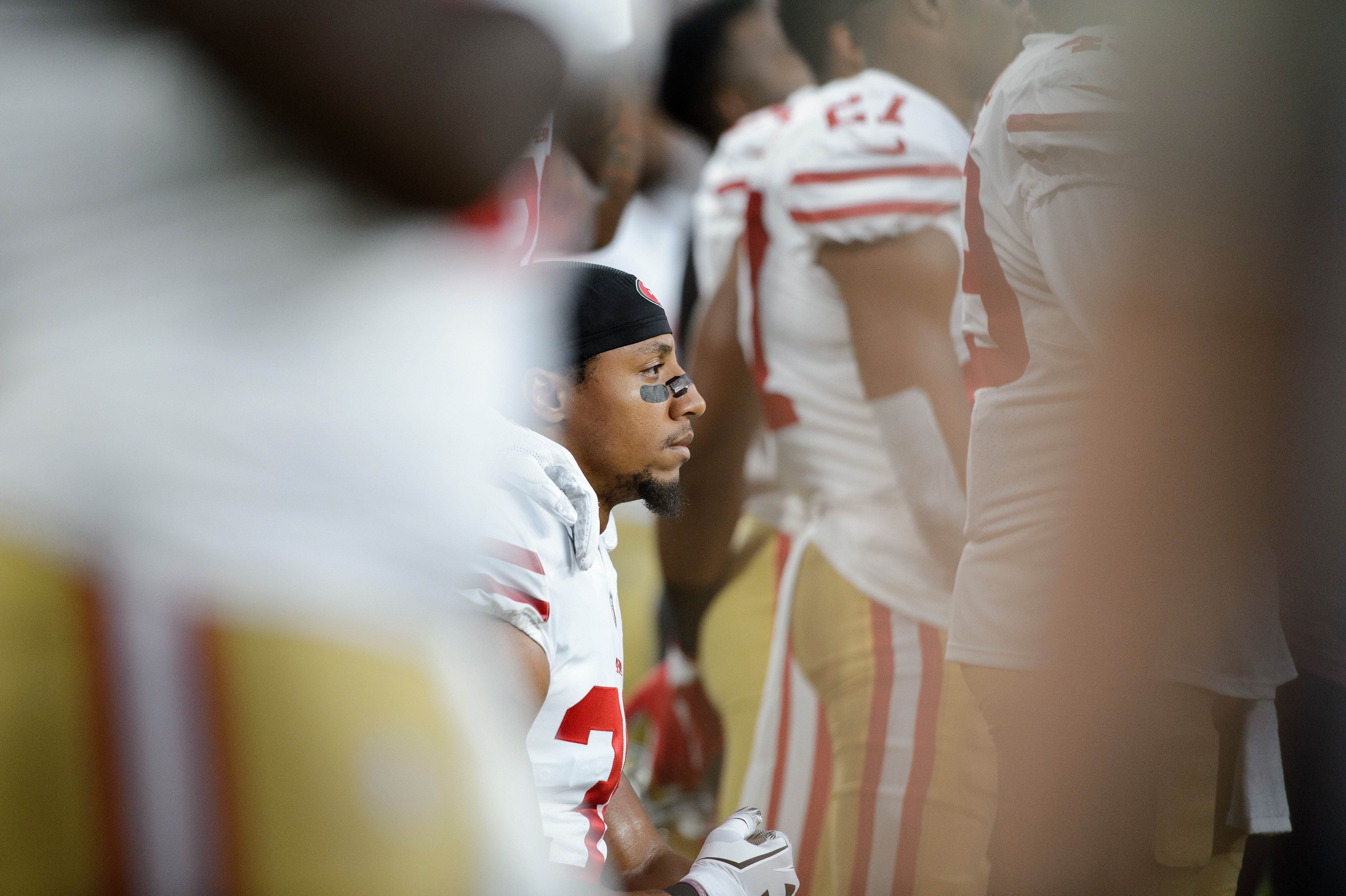 Eric Reid of the San Francisco 49ers kneels during the National Anthem before a preseason game.