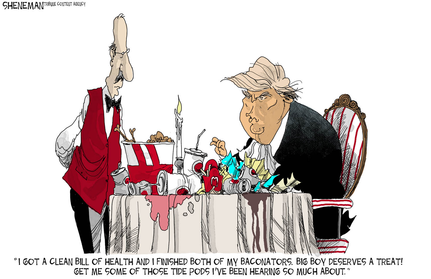 Political cartoon U.S. Trump health fast food tide pods