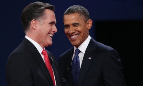 Mitt Romney and President Obama play nice after the first presidential debate on Oct. 3.