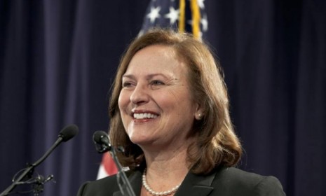 Nebraska state Sen. Deb Fischer addresses supporters at the Republican Party headquarters in Lincoln, Neb., after her Tuesday win: Fischer may have benefited from Sarah Palin&#039;s last-second en