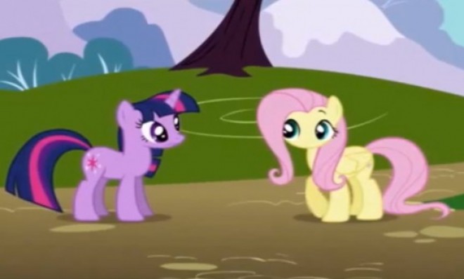 Not to be confused: Twilight Sparkle is the purple pony on the left and Fluttershy is the yellow pony on the right.
