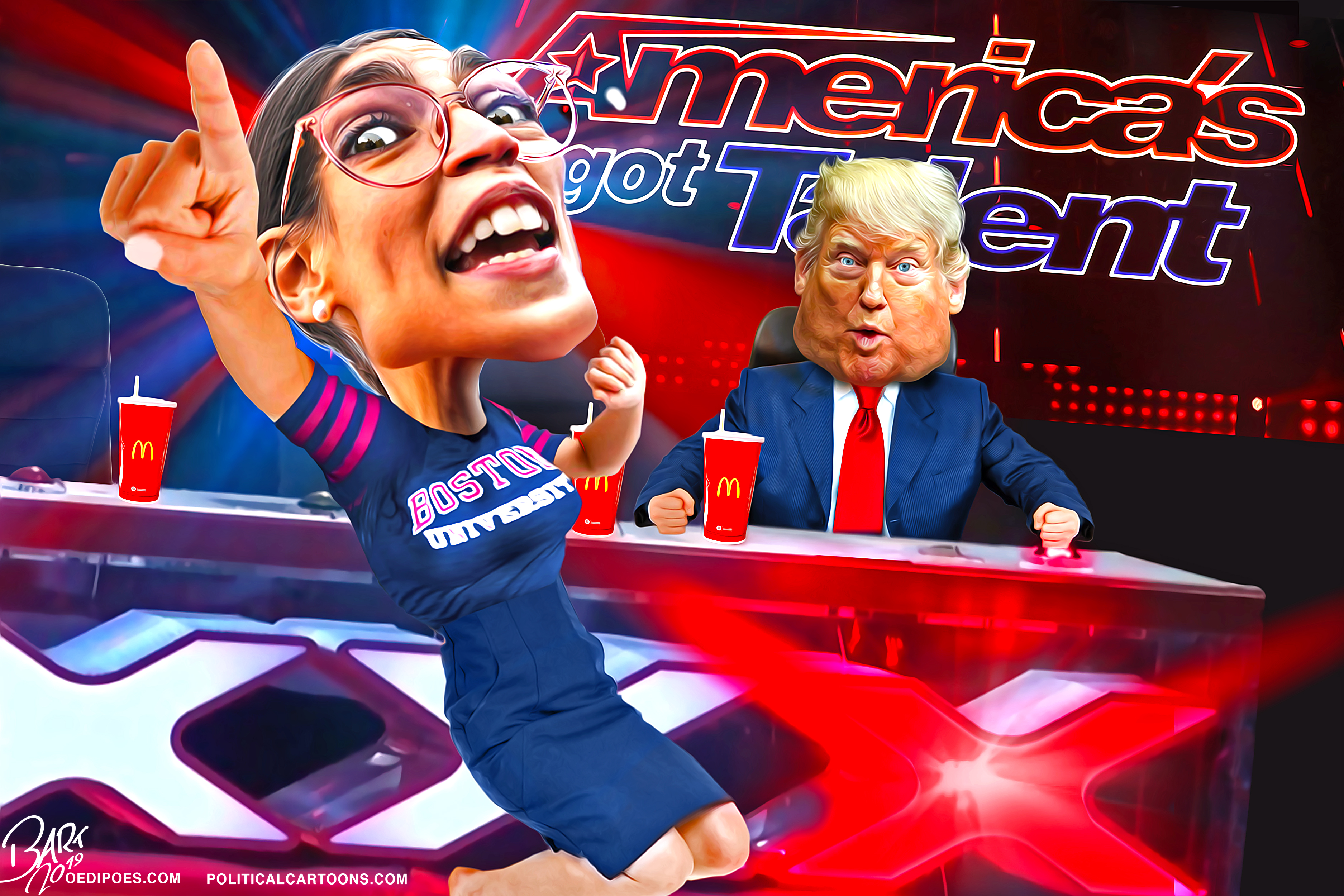 Political cartoon . Alexandria Ocasio-Cortez Dancing Trump