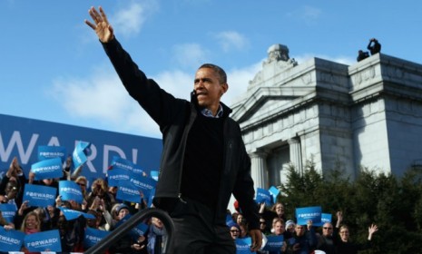 Obama arrives for a campaign rally in State Capitol Square on Nov. 4 in Concord, N.H.
