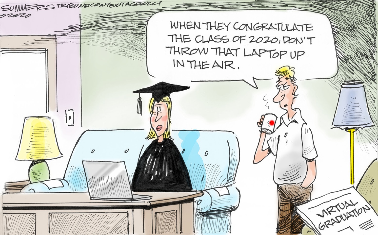 Editorial Cartoon U.S. virtual graduation college highschool class 2020 coronavirus