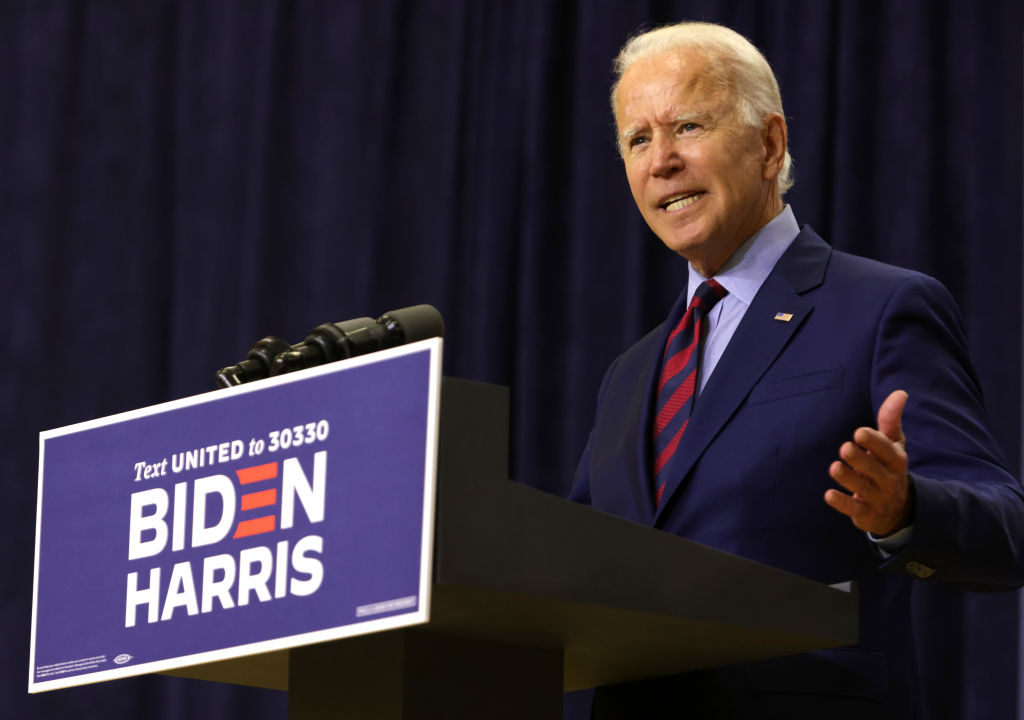 Democratic presidential nominee Joe Biden speaks during a campaign event September 4, 2020 in Wilmington, Delaware.