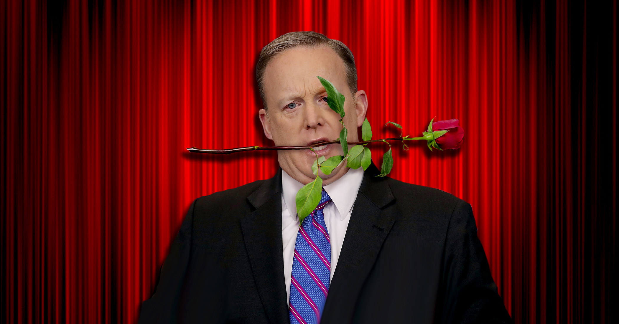 Former White House Press Secretary Sean Spicer with a rose in his mouth.