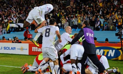 Team USA celebrates a win against Algeria in today&#039;s World Cup match.
