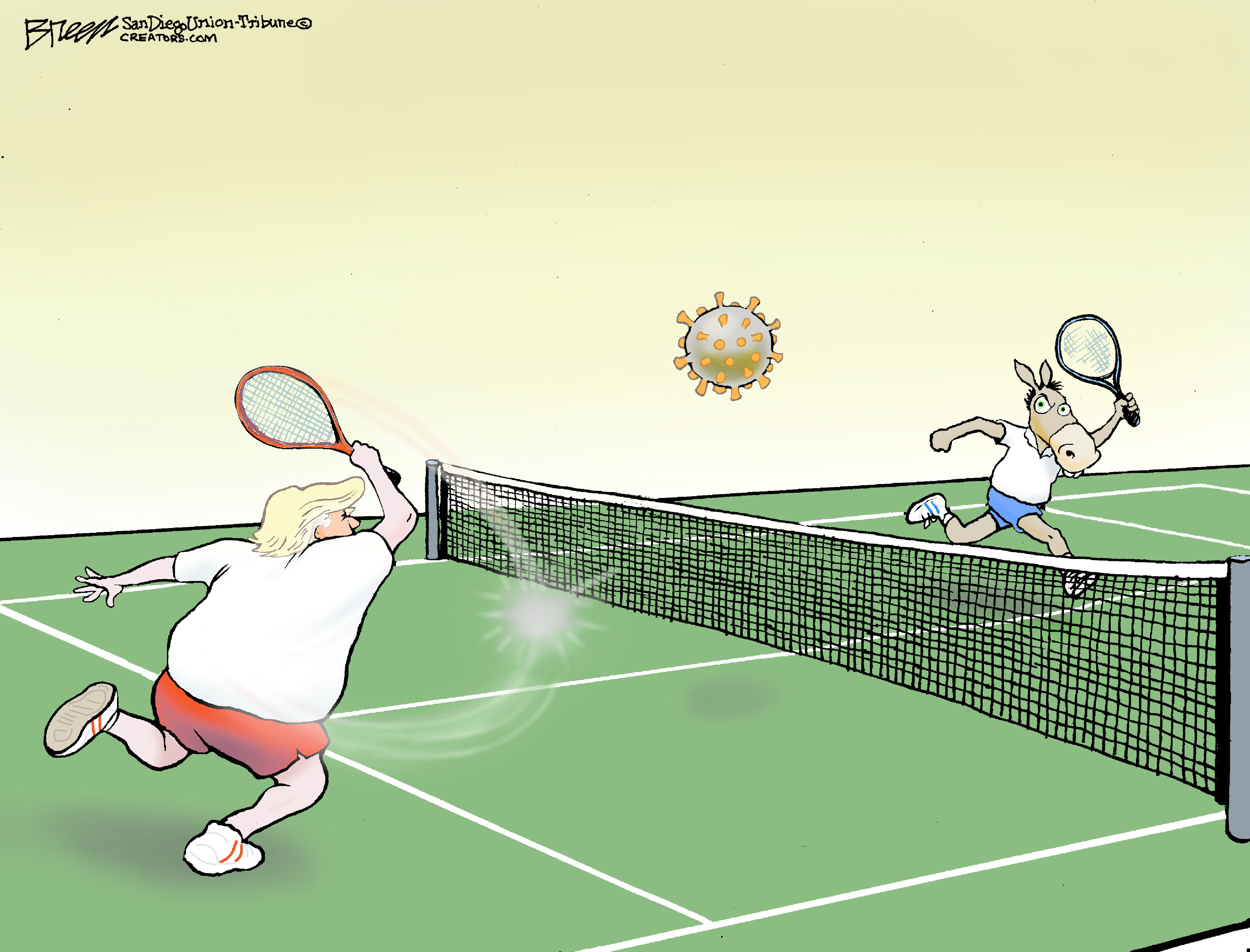 Political Cartoon . Trump dems play tennis bounce back coronavirus blame