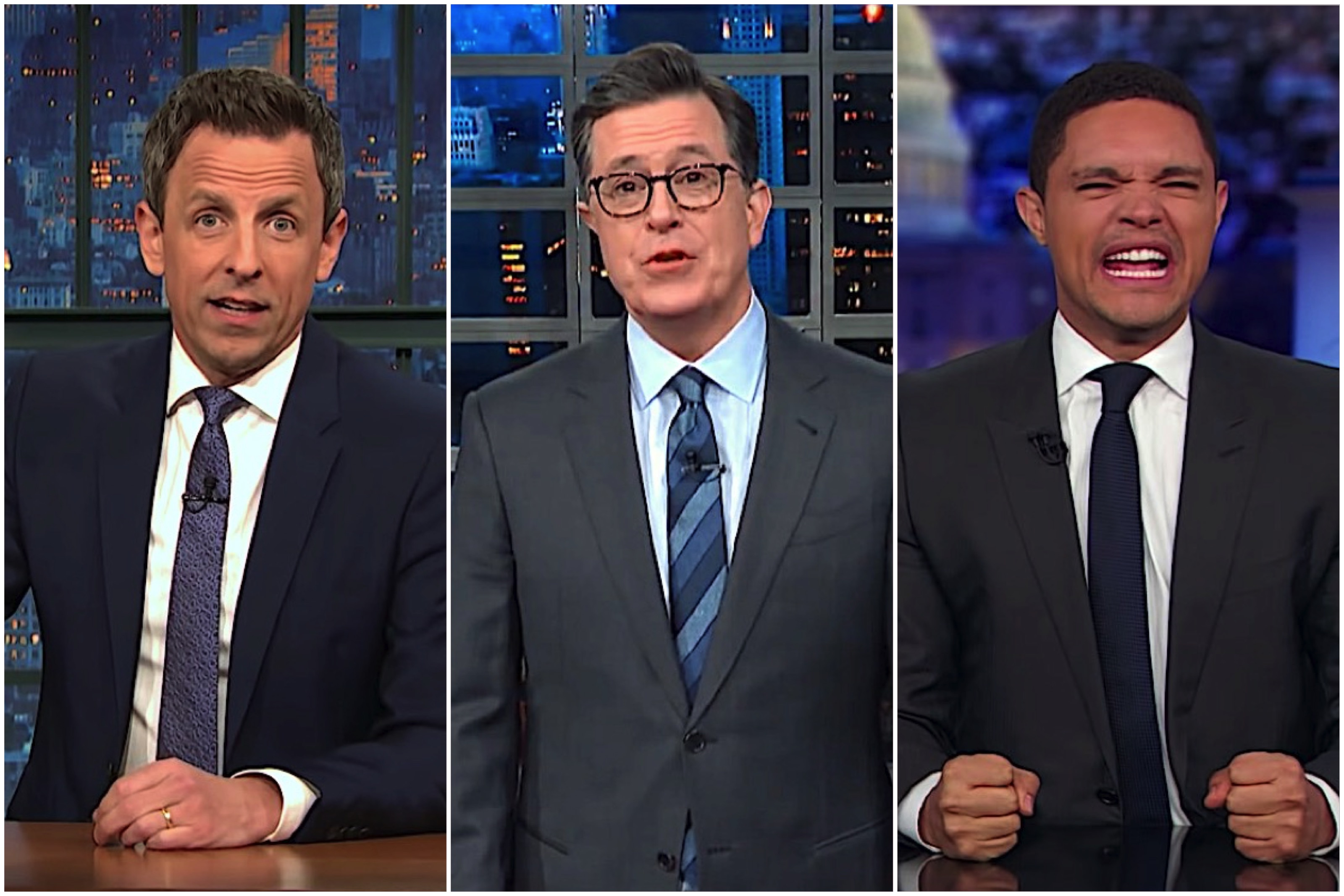 Stephen Colbert, Seth Meyers, and Trevor Noah on Mueller&#039;s team striking back