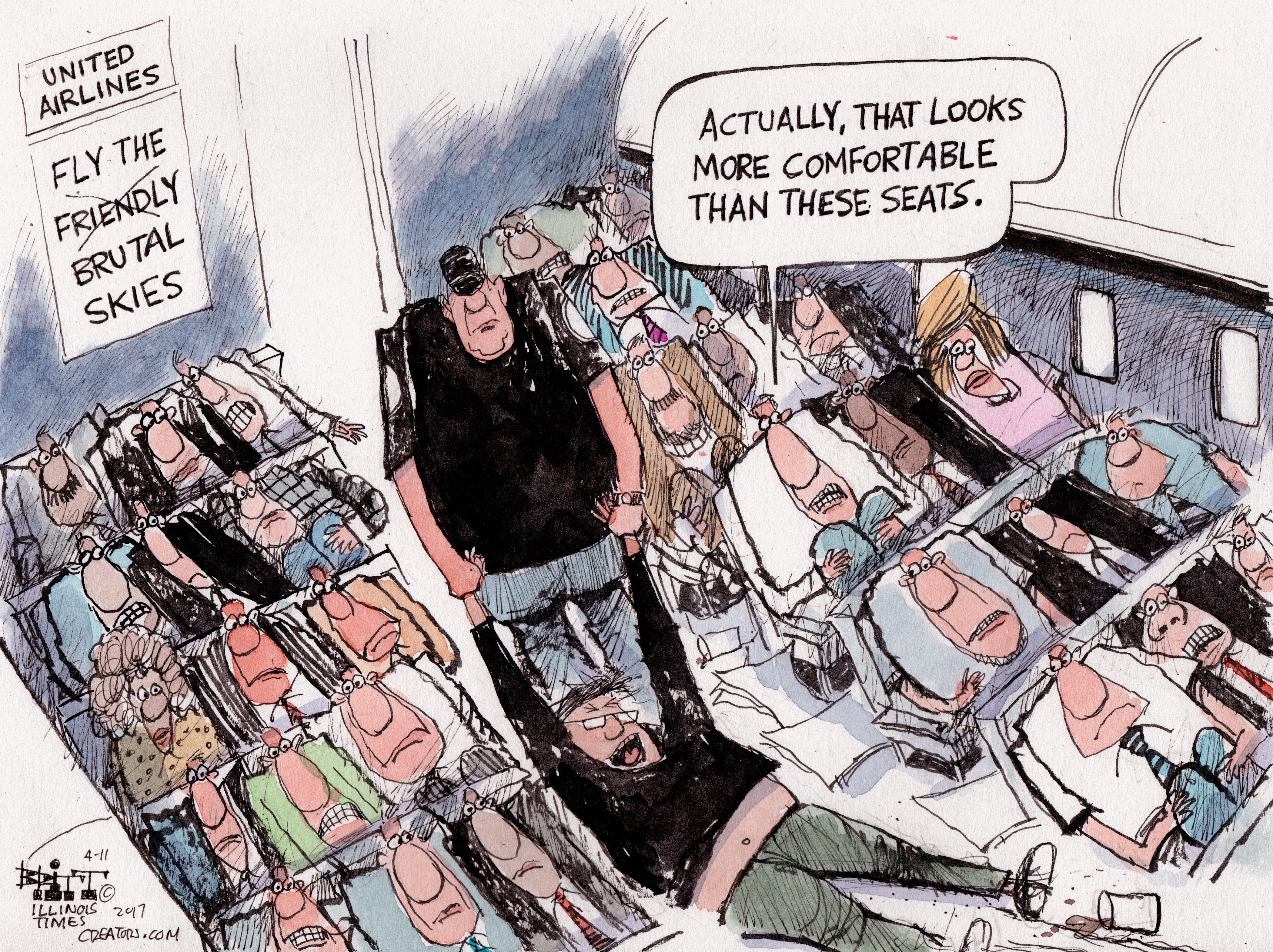 Editorial Cartoon U.S. United Airlines passenger removal leg room