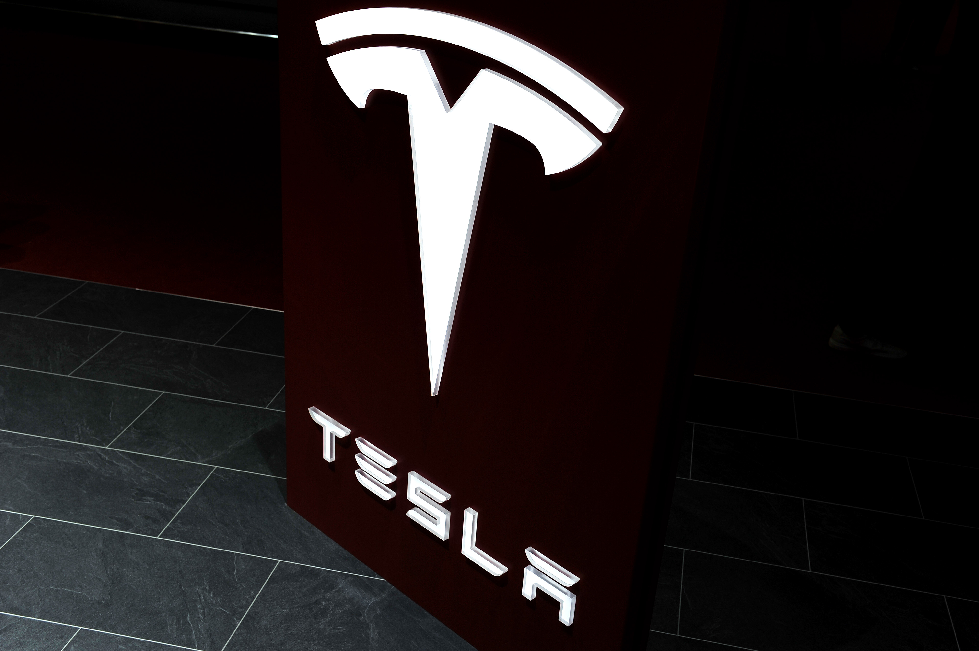 The Tesla logo at the Geneva Motor Show