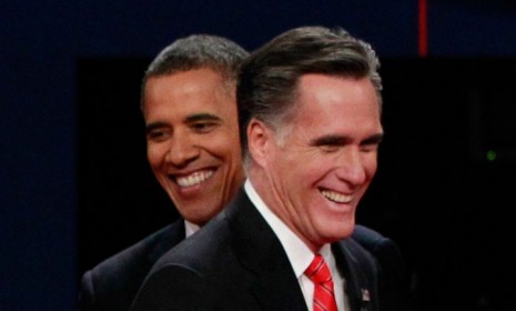 President Obama and GOP nominee Mitt Romney share a laugh during the first presidential debate on Oct. 3: Of course, there weren&#039;t many laughs during the testy debate.