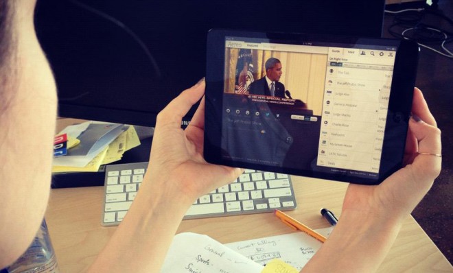 A speech by President Obama is streaming on Aereo TV on an iPad mini in 2012.