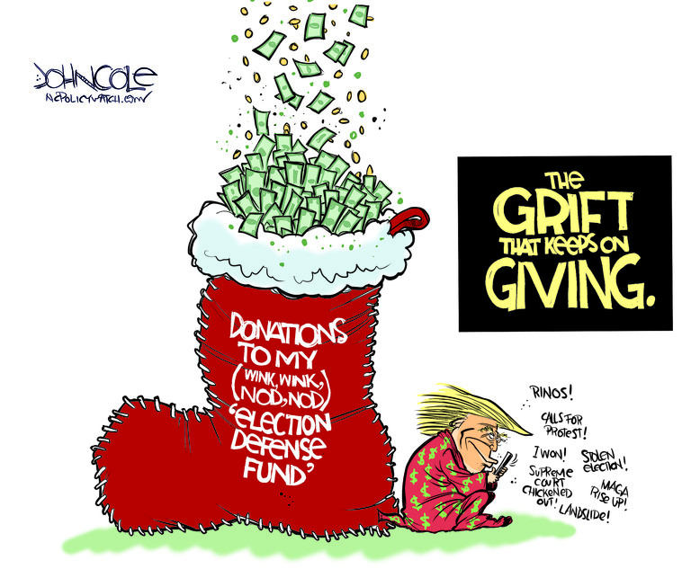 Political Cartoon U.S. Trump campaign donations grift Christmas