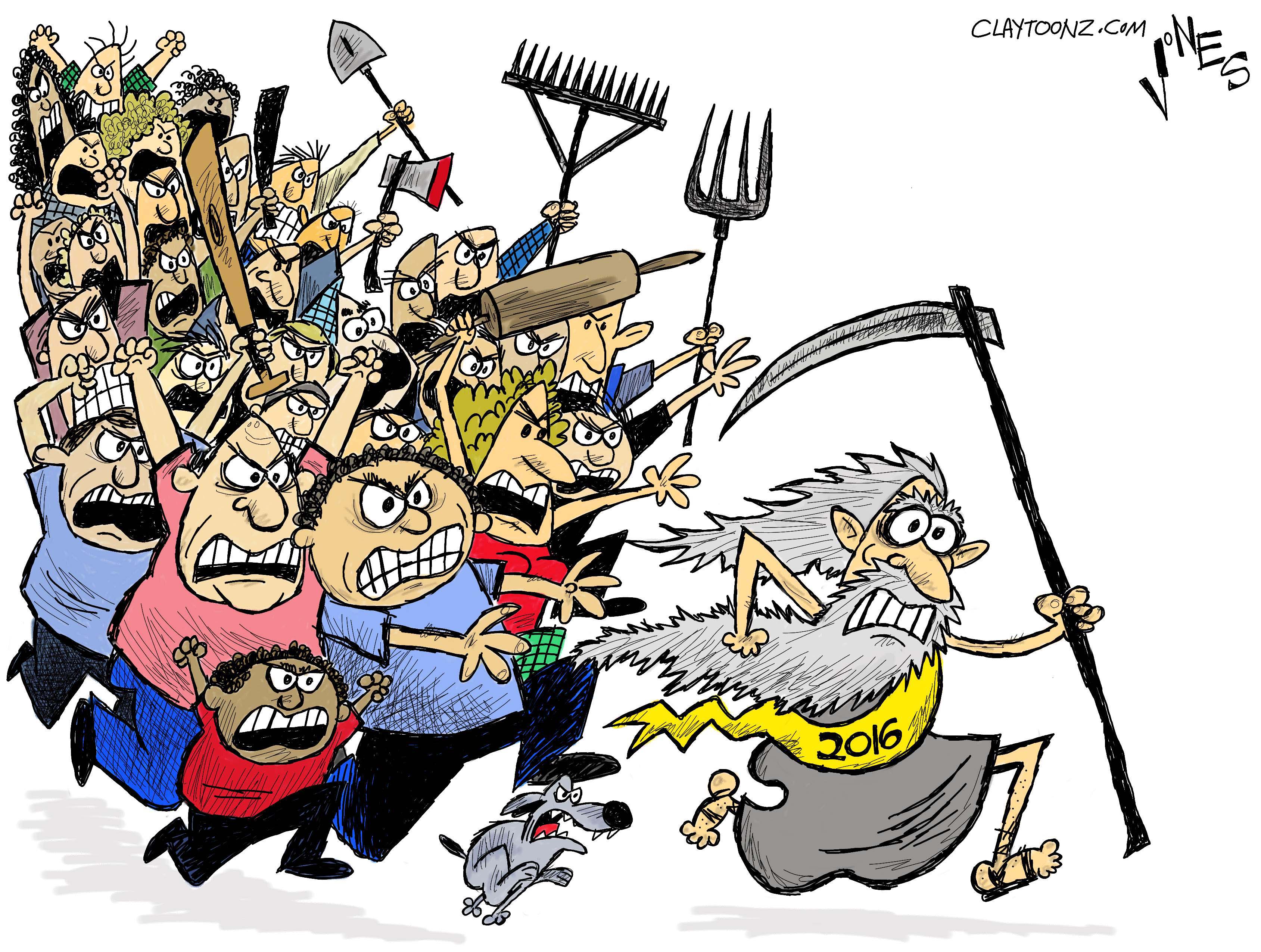 Editorial cartoon . New Years Eve 2016 angry people