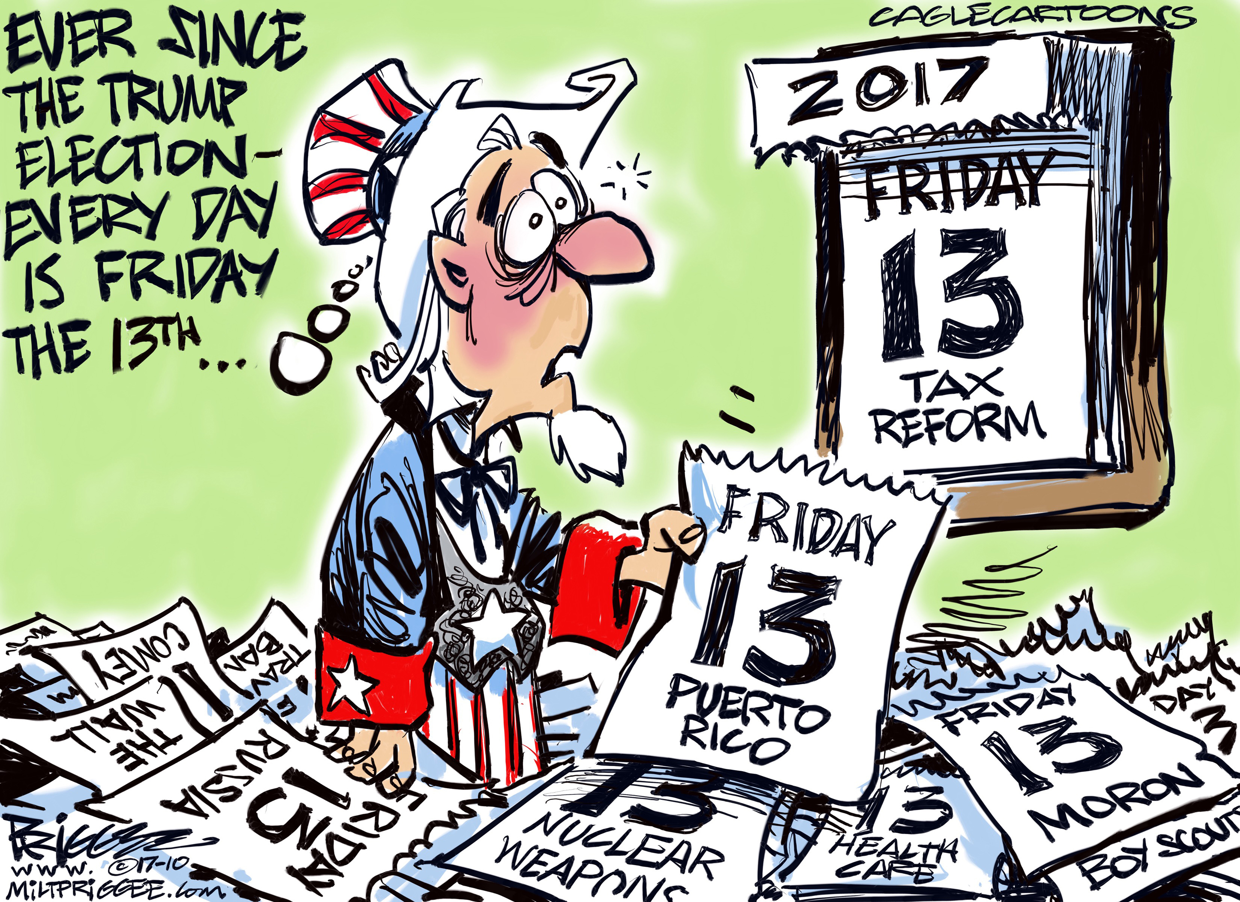 Political cartoon . Friday the 13th Trump
