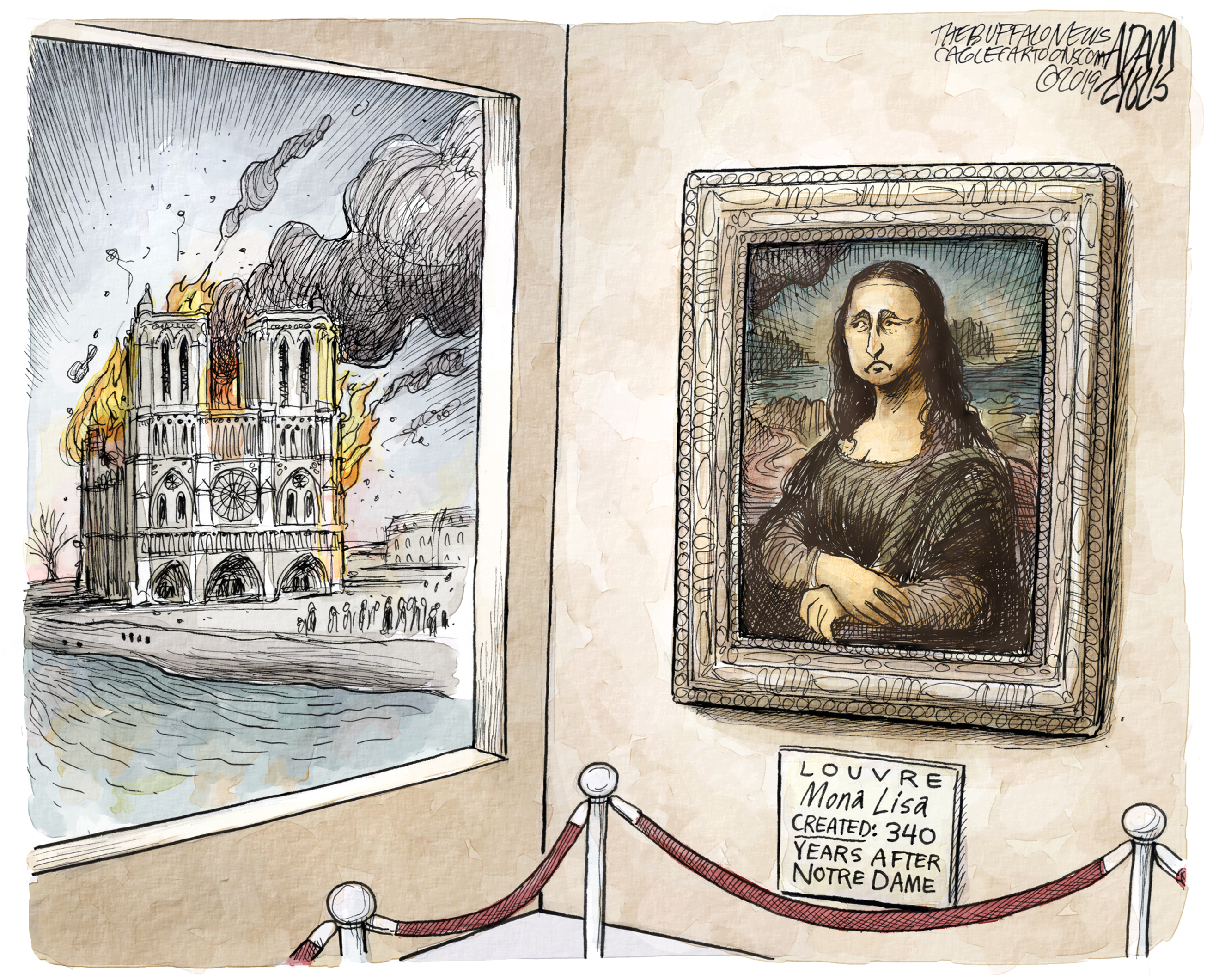 Editorial Cartoon . notre dame Mona Lisa louvre architecture