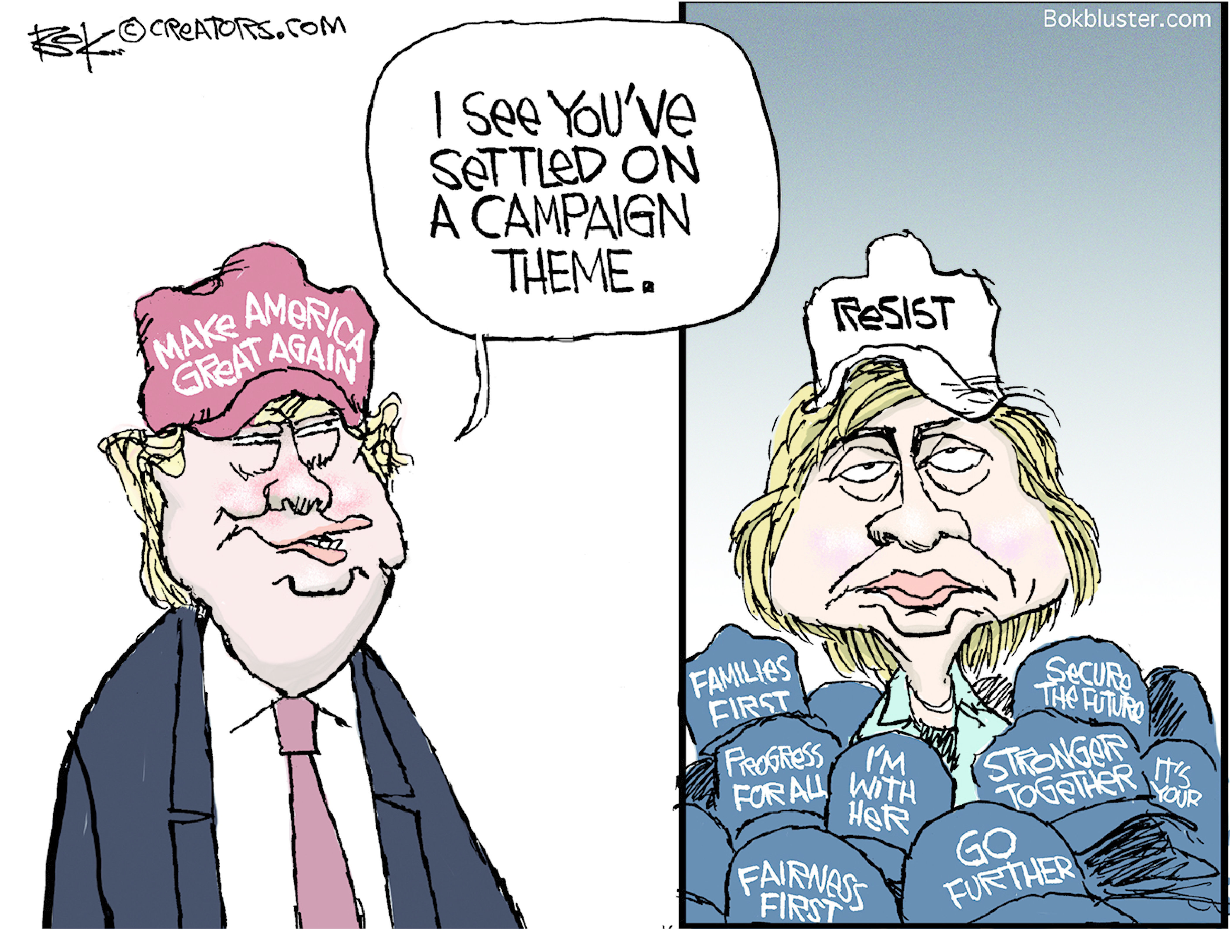 Political Cartoon U.S. Hillary Clinton resist Donald Trump make American great Again