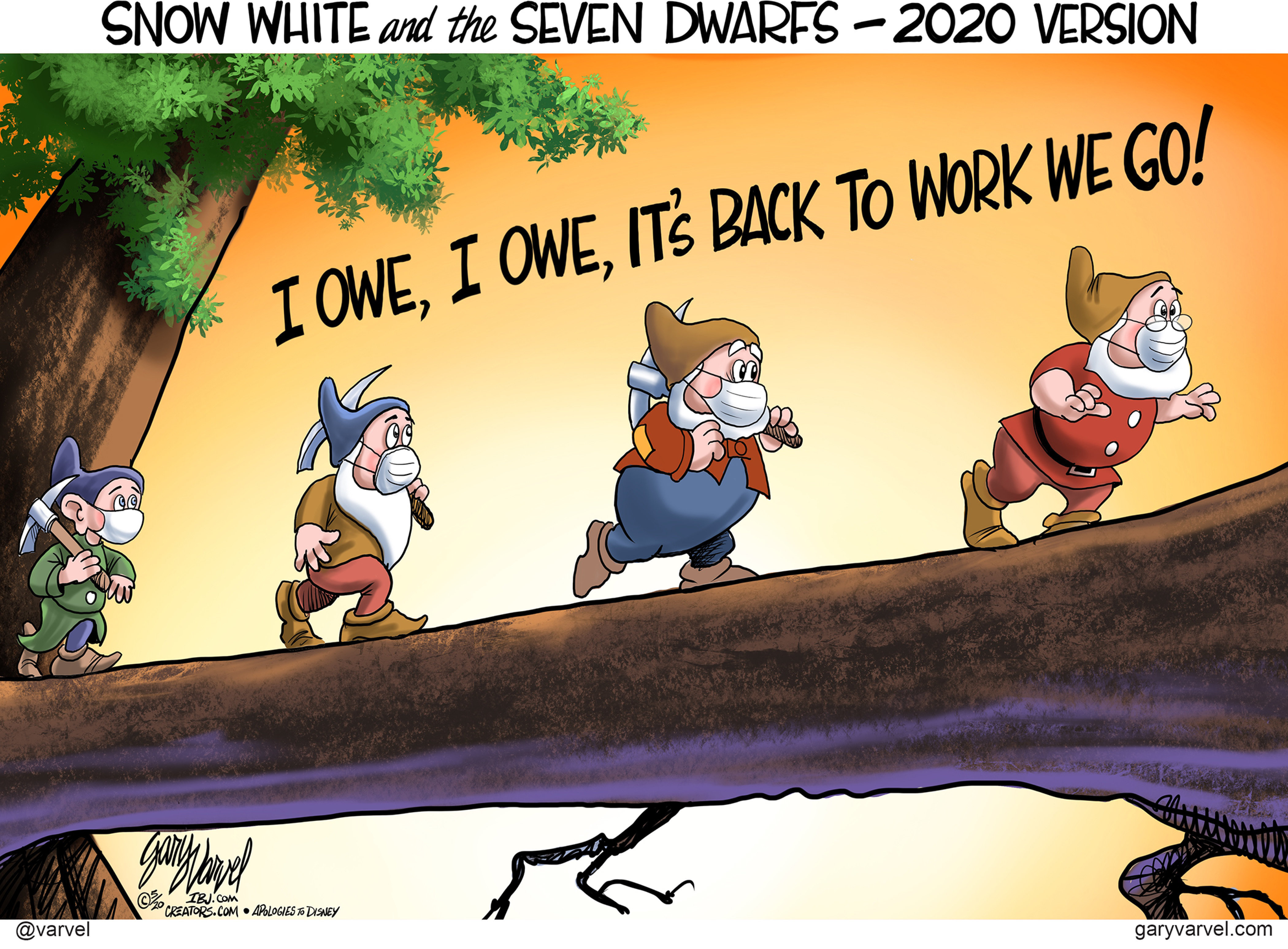 Editorial Cartoon U.S. coronavirus reopening debt snow white and the seven dwarves