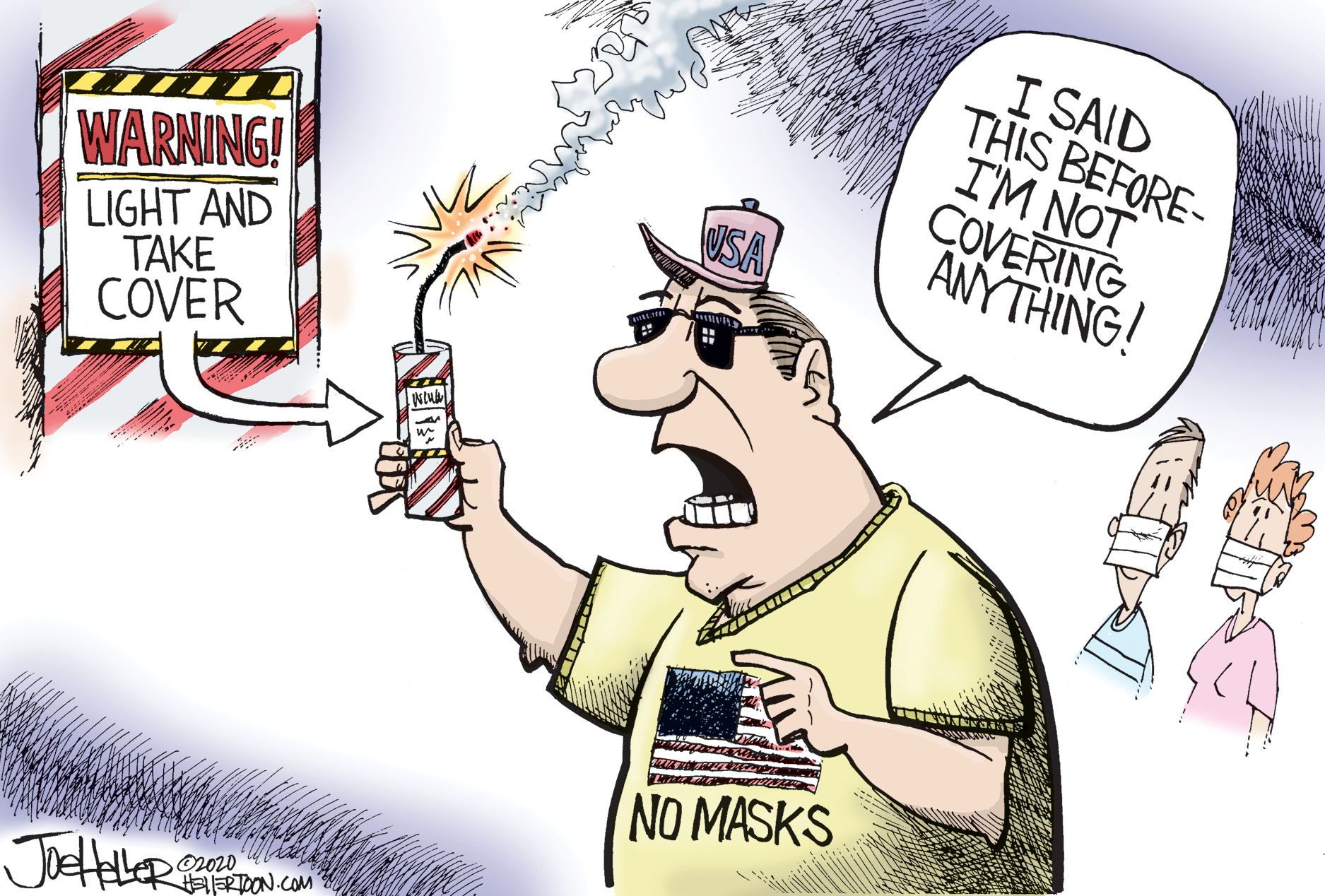 Editorial Cartoon U.S. facemasks fireworks