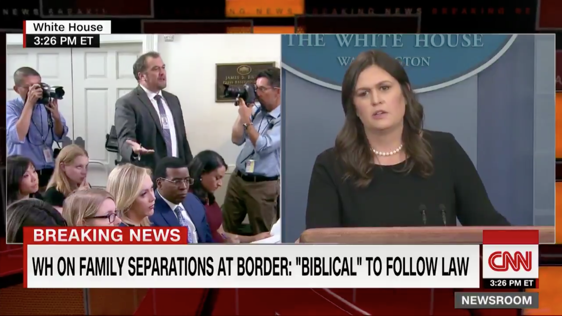Sarah Huckabee Sanders argues with reporters on family separation. 