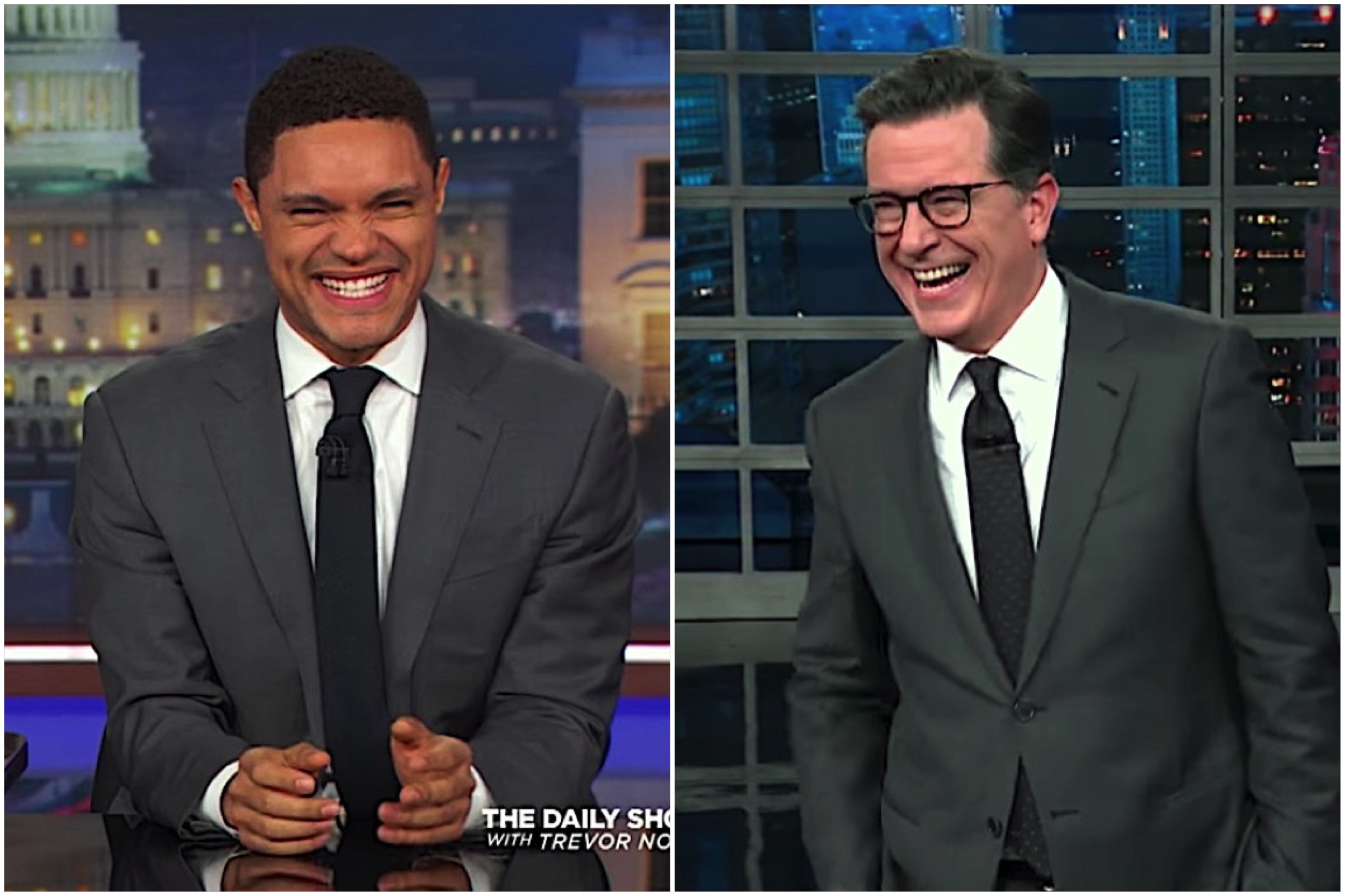 Trevor Noah and Stephen Colbert laugh at Trump