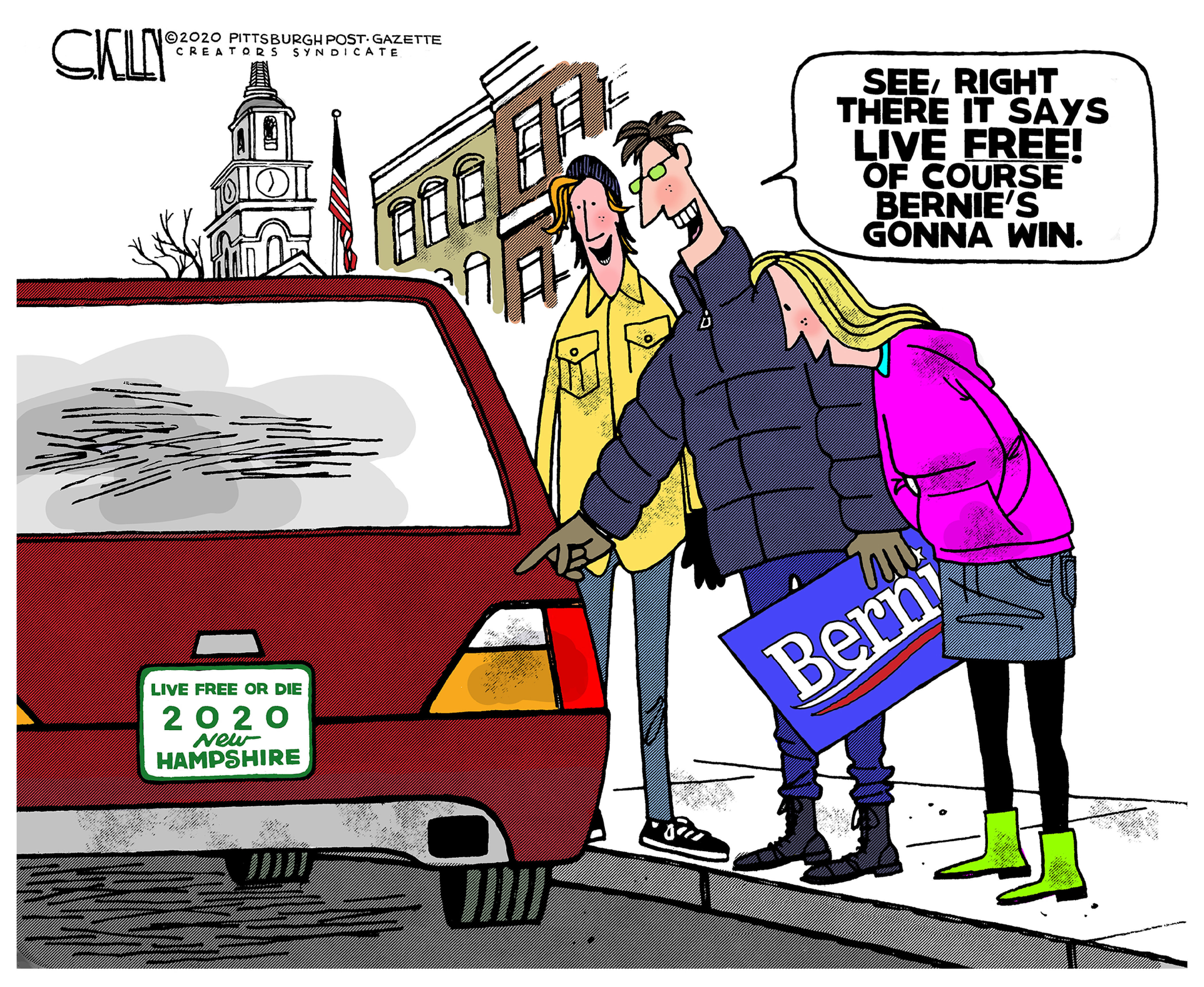 Political Cartoon . Bernie Sanders New Hampshire Democrats primaries  voters license plate
