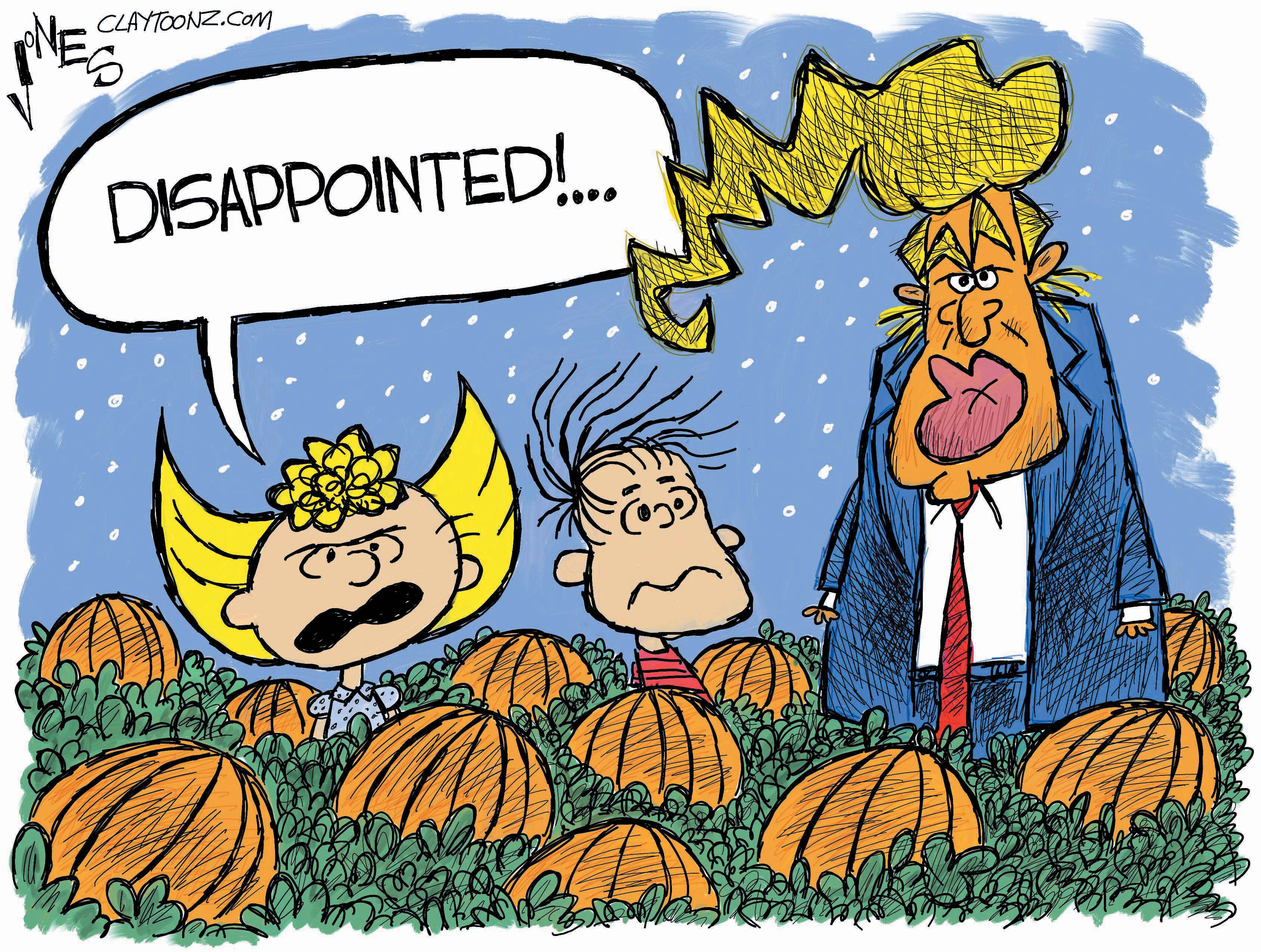Political cartoon U.S. 2016 election Donald Trump Charlie Brown disappointment