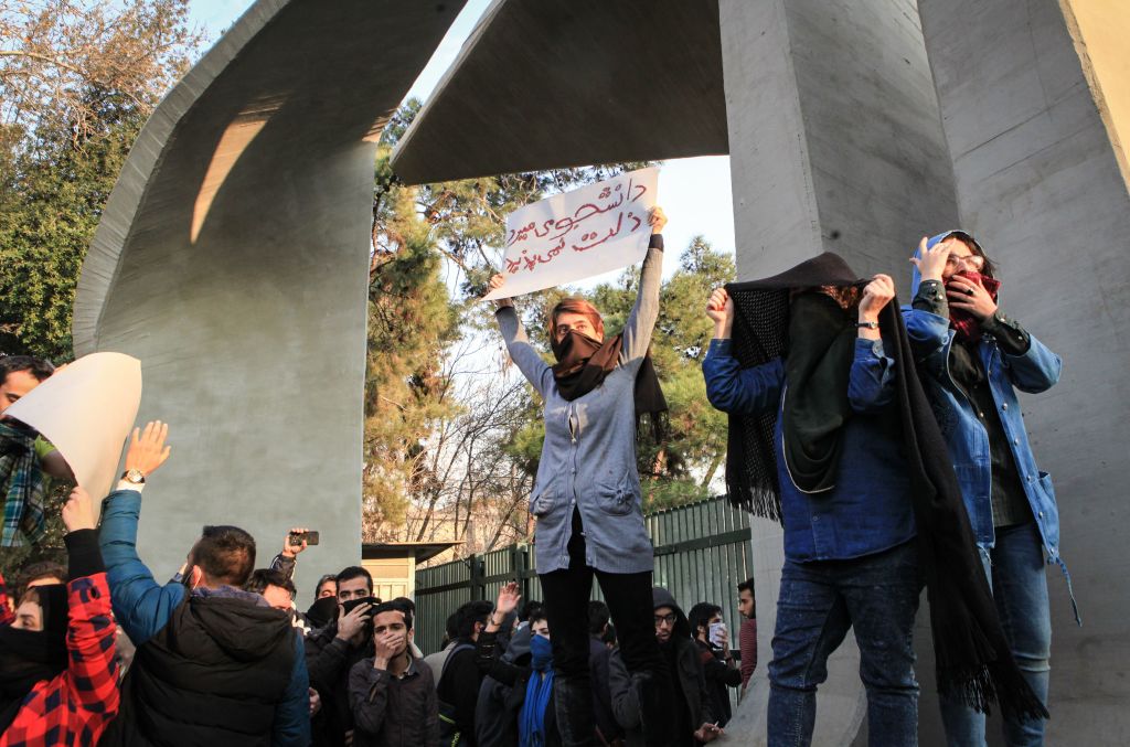 Iranian students protest at the University of Tehran during a demonstration driven by anger over economic problems, in the capital Tehran on December 30, 2017. 