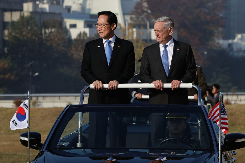 U.S. Secretary of Defense James Mattis (R) and South Korean Defense Minister Song Young-moo (L) review an honor guard during a welcoming ceremony