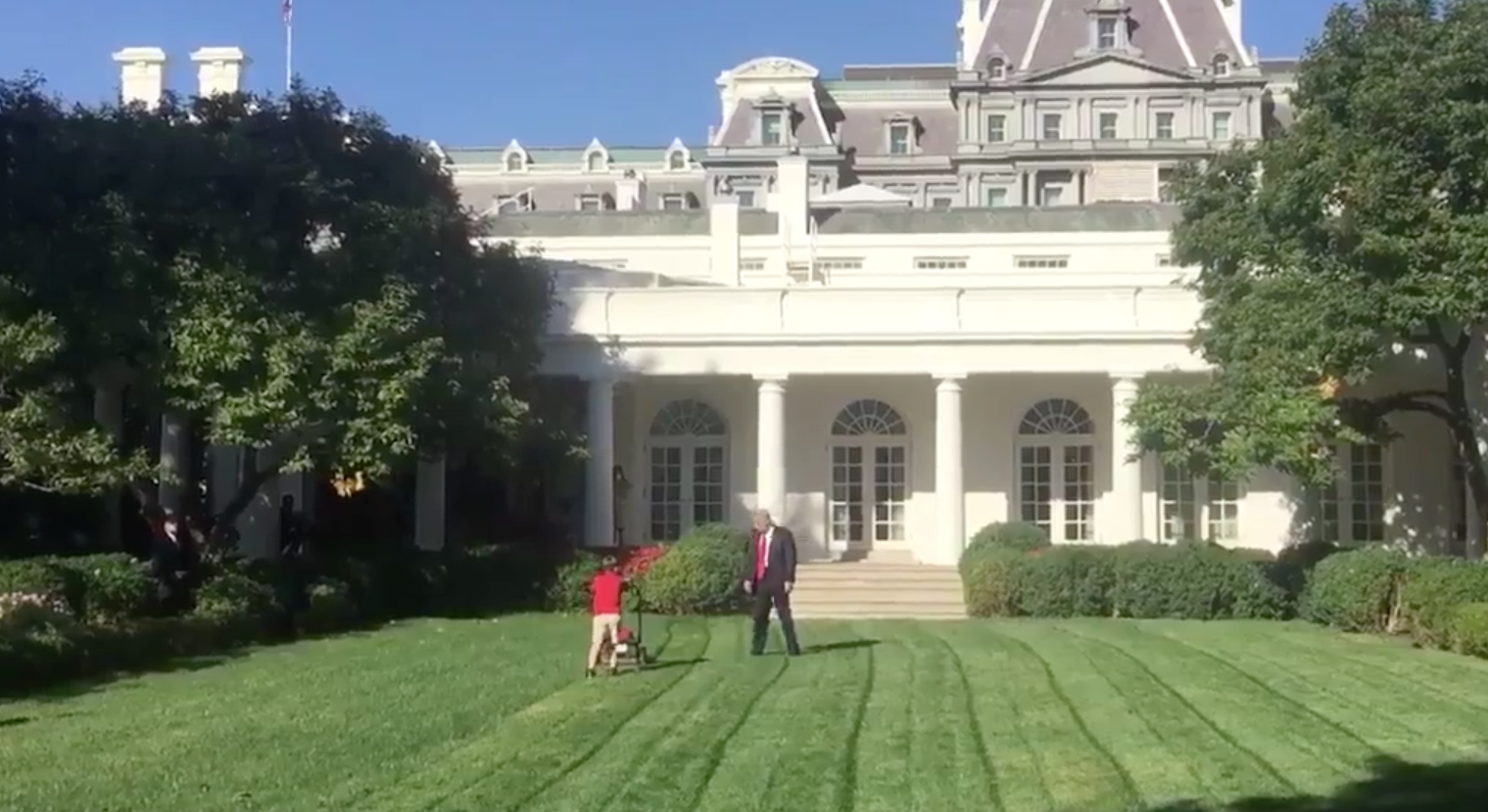 Donald Trump watching a child mow a lawn.