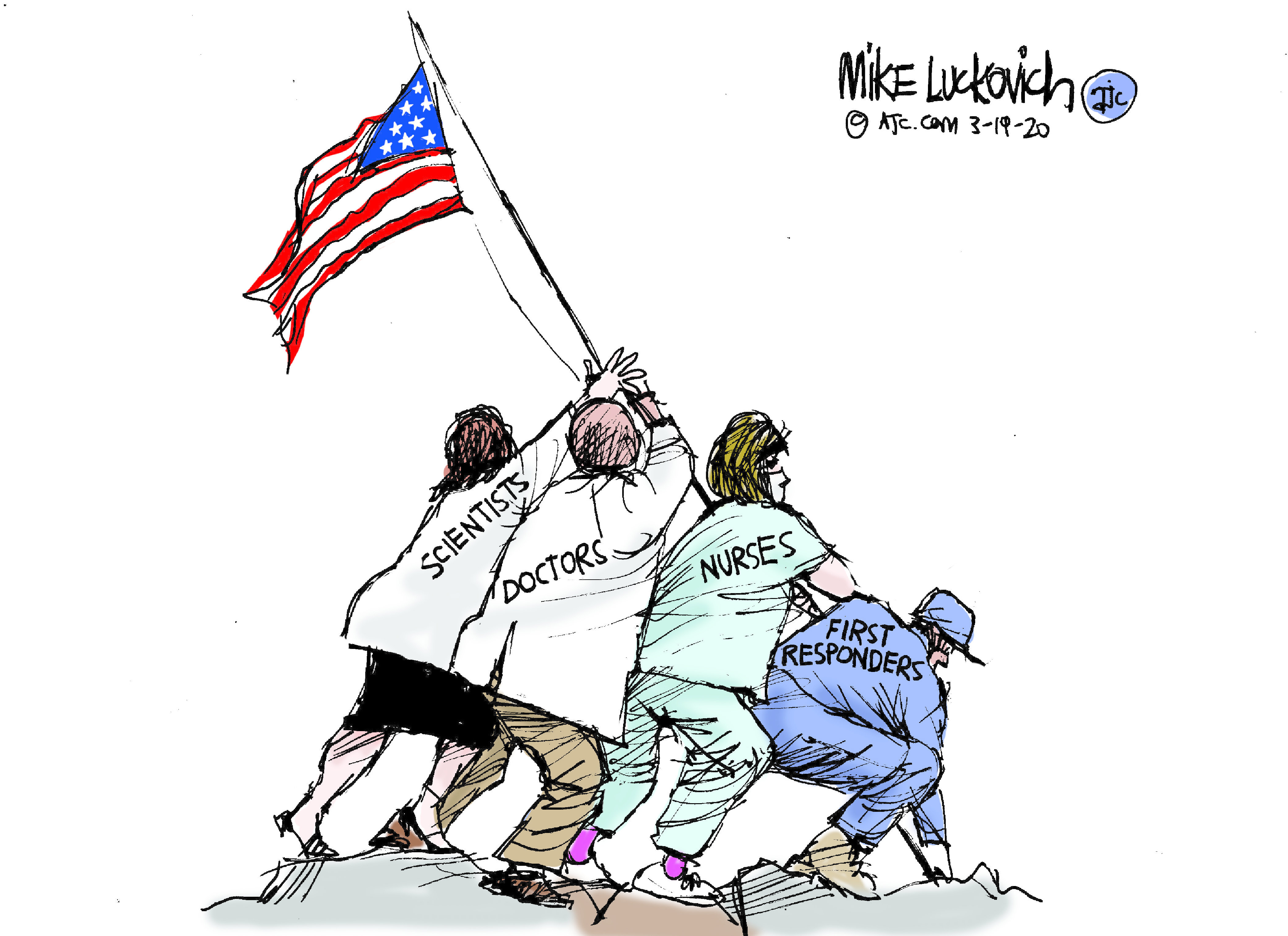 Editorial Cartoon U.S. doctors nurses scientist first responders soldiers coronavirus