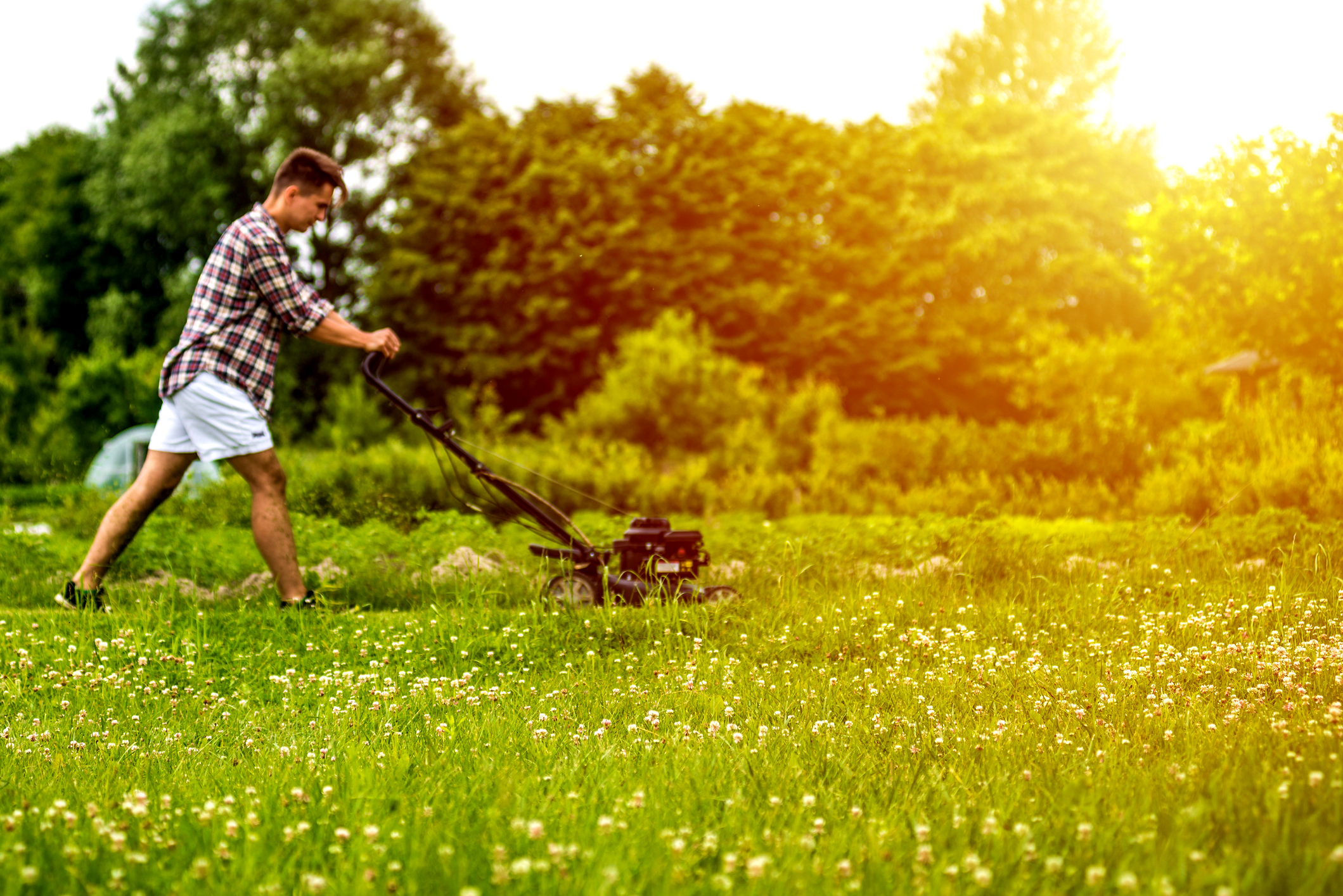 A man mowing grass.